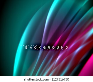 Neon glowing wave, magic energy and light motion background. Vector wallpaper template, illustration