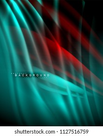 Neon glowing wave, magic energy and light motion background. Vector wallpaper template, illustration