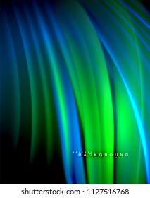 Neon glowing wave, magic energy and light motion background. Vector wallpaper template, illustration