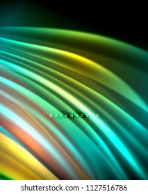 Neon glowing wave, magic energy and light motion background. Vector wallpaper template, illustration