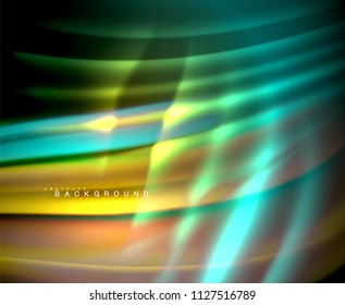 Neon glowing wave, magic energy and light motion background. Vector wallpaper template, illustration