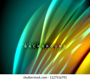 Neon glowing wave, magic energy and light motion background. Vector wallpaper template, illustration