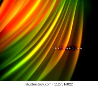 Neon glowing wave, magic energy and light motion background. Vector wallpaper template, illustration