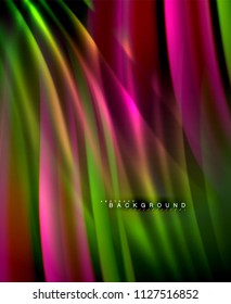 Neon glowing wave, magic energy and light motion background. Vector wallpaper template, illustration