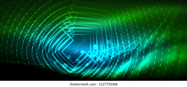 Onda brillante neón, energía mágica y fondo de movimiento de luz. Plantilla de papel tapiz vectorial, concepto de futuro de alta tecnología