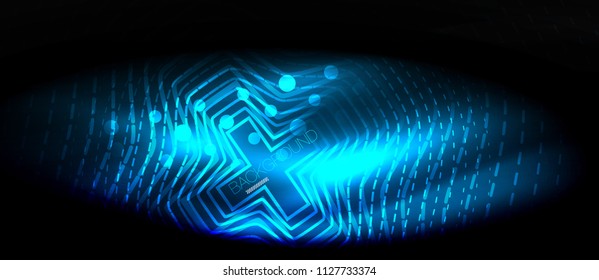 Neonleuchtende Welle, magische Energie und heller Hintergrund. Vektorhintergrund-Vorlage, High-Tech-Zukunftskonzept
