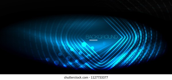 Onda brillante neón, energía mágica y fondo de movimiento de luz. Plantilla de papel tapiz vectorial, concepto de futuro de alta tecnología
