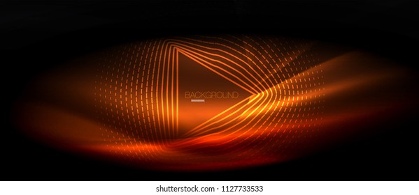 Neon glowing wave, magic energy and light motion background. Vector wallpaper template, hi-tech future concept