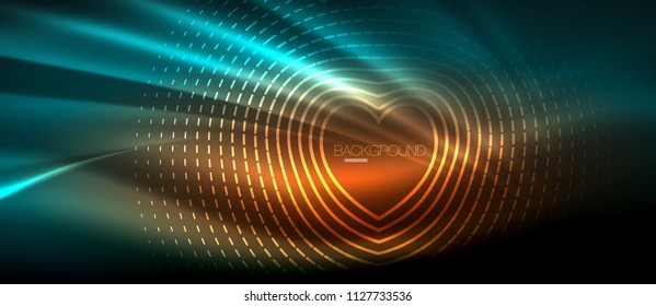 Neon glowing wave, magic energy and light motion background. Vector wallpaper template, hi-tech future concept