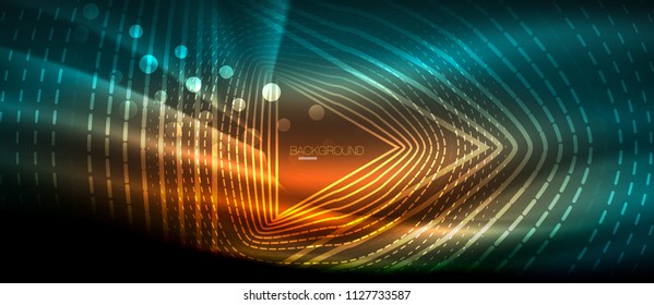 Neon glowing wave, magic energy and light motion background. Vector wallpaper template, hi-tech future concept