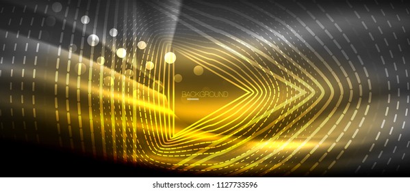 Neon glowing wave, magic energy and light motion background. Vector wallpaper template, hi-tech future concept