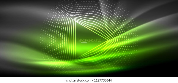 Neon glowing wave, magic energy and light motion background. Vector wallpaper template, hi-tech future concept