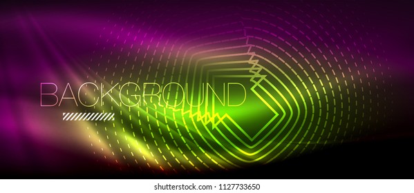 Neonleuchtende Welle, magische Energie und heller Hintergrund. Vektorhintergrund-Vorlage, High-Tech-Zukunftskonzept