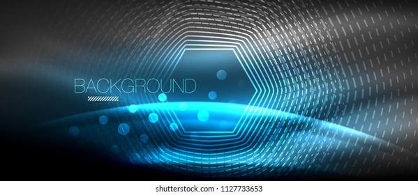 Neon glowing wave, magic energy and light motion background. Vector wallpaper template, hi-tech future concept