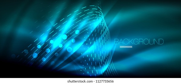 Neonleuchtende Welle, magische Energie und heller Hintergrund. Vektorhintergrund-Vorlage, High-Tech-Zukunftskonzept