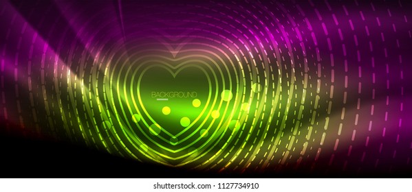 Neon glowing wave, magic energy and light motion background. Vector wallpaper template, hi-tech future concept