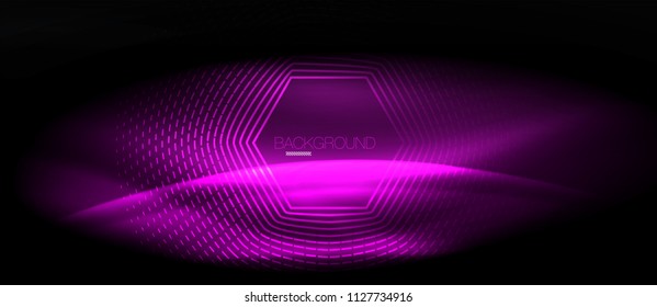 Neon glowing wave, magic energy and light motion background. Vector wallpaper template, hi-tech future concept