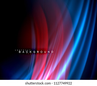 Neon glowing wave, magic energy and light motion background. Vector wallpaper template, illustration