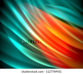 Neon glowing wave, magic energy and light motion background. Vector wallpaper template, illustration