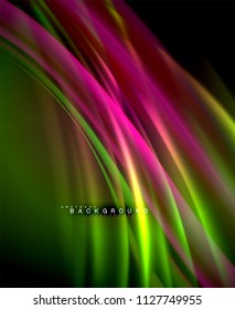 Onda brillante neón, energía mágica y fondo de movimiento de luz. Plantilla de papel tapiz vectorial, ilustración