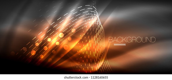 Neon glowing wave, magic energy and light motion background. Vector wallpaper template, hi-tech future concept