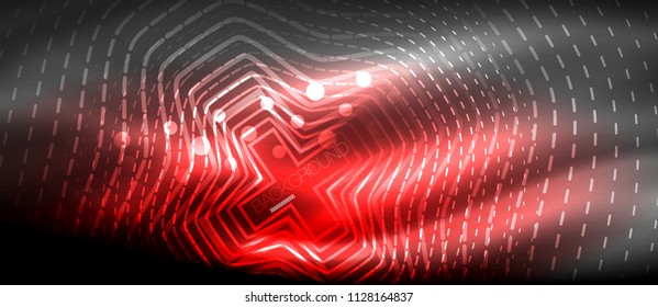 Neon glowing wave, magic energy and light motion background. Vector wallpaper template, hi-tech future concept