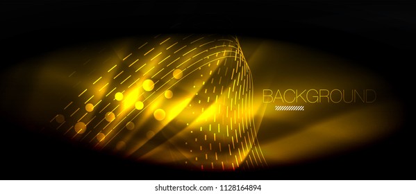 Neon glowing wave, magic energy and light motion background. Vector wallpaper template, hi-tech future concept