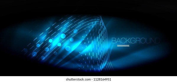Neon glowing wave, magic energy and light motion background. Vector wallpaper template, hi-tech future concept