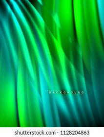 Neon glowing wave, magic energy and light motion background. Vector wallpaper template, illustration