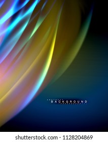 Neon glowing wave, magic energy and light motion background. Vector wallpaper template, illustration