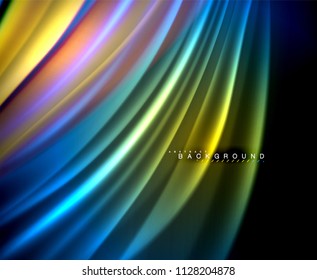 Neon glowing wave, magic energy and light motion background. Vector wallpaper template, illustration