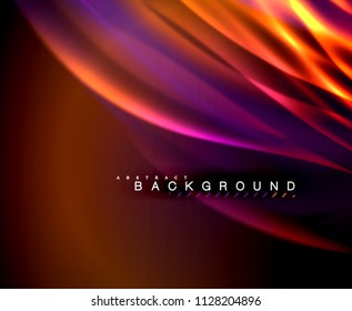 Neon glowing wave, magic energy and light motion background. Vector wallpaper template, illustration