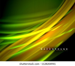 Neon glowing wave, magic energy and light motion background. Vector wallpaper template, illustration
