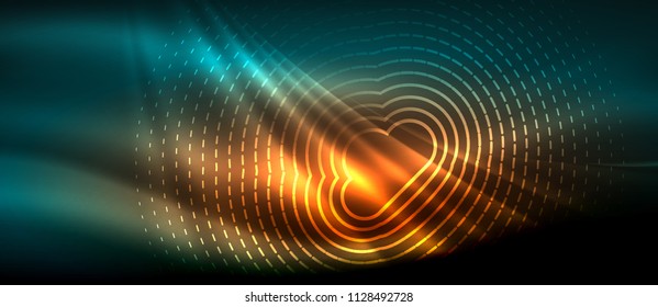 Neon glowing wave, magic energy and light motion background. Vector wallpaper template, hi-tech future concept