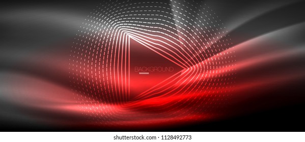 Neon glowing wave, magic energy and light motion background. Vector wallpaper template, hi-tech future concept