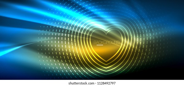 Neon glowing wave, magic energy and light motion background. Vector wallpaper template, hi-tech future concept