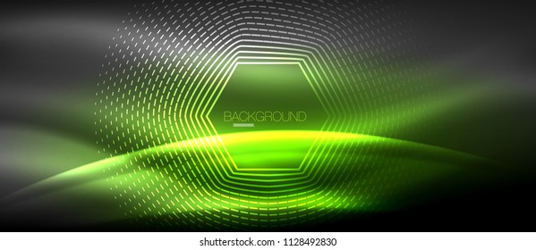 Neon glowing wave, magic energy and light motion background. Vector wallpaper template, hi-tech future concept