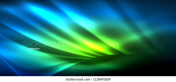 Neon glowing wave, magic energy and light motion background. Vector wallpaper template, hi-tech future concept