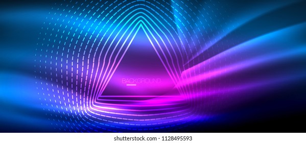 Neon glowing wave, magic energy and light motion background. Vector wallpaper template, hi-tech future concept
