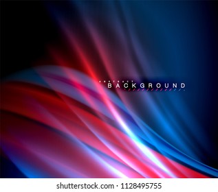 Neon glowing wave, magic energy and light motion background. Vector wallpaper template, illustration