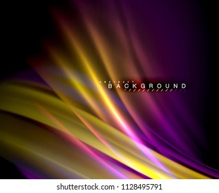 Neon glowing wave, magic energy and light motion background. Vector wallpaper template, illustration