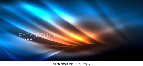 Neon glowing wave, magic energy and light motion background. Vector wallpaper template, hi-tech future concept