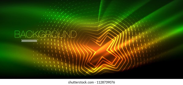 Neonleuchtende Welle, magische Energie und heller Hintergrund. Vektorhintergrund-Vorlage, High-Tech-Zukunftskonzept