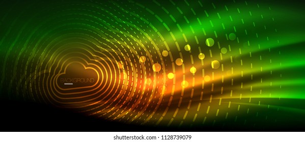 Neon glowing wave, magic energy and light motion background. Vector wallpaper template, hi-tech future concept