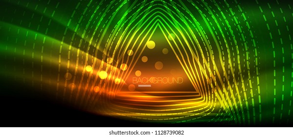 Neon glowing wave, magic energy and light motion background. Vector wallpaper template, hi-tech future concept