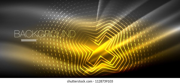 Neon glowing wave, magic energy and light motion background. Vector wallpaper template, hi-tech future concept