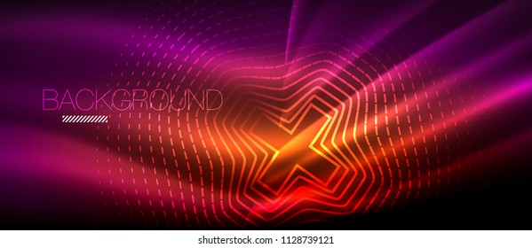 Neon glowing wave, magic energy and light motion background. Vector wallpaper template, hi-tech future concept