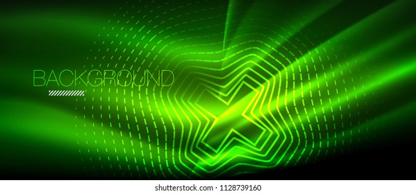 Onda brillante neón, energía mágica y fondo de movimiento de luz. Plantilla de papel tapiz vectorial, concepto de futuro de alta tecnología