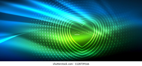 Onda brillante neón, energía mágica y fondo de movimiento de luz. Plantilla de papel tapiz vectorial, concepto de futuro de alta tecnología