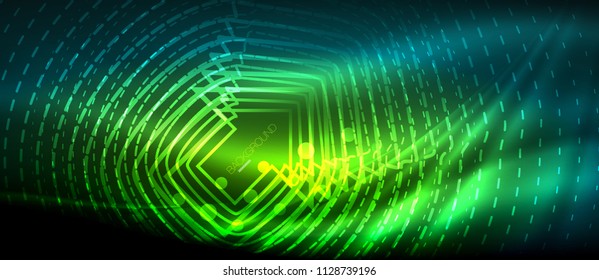 Neon glowing wave, magic energy and light motion background. Vector wallpaper template, hi-tech future concept